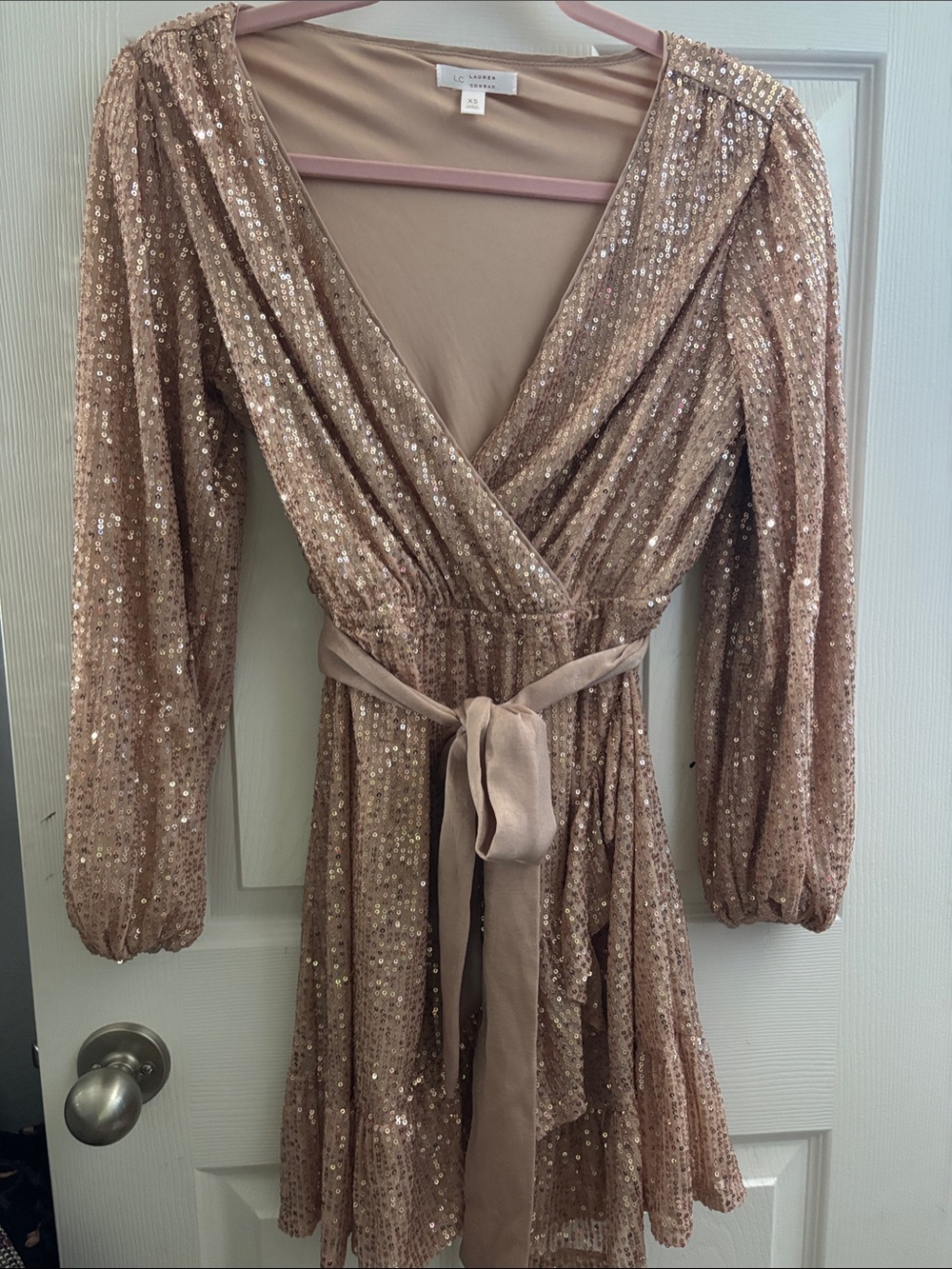 LC Lauren Conrad Rose Gold Sequin Wrap Dress with Long Sleeves